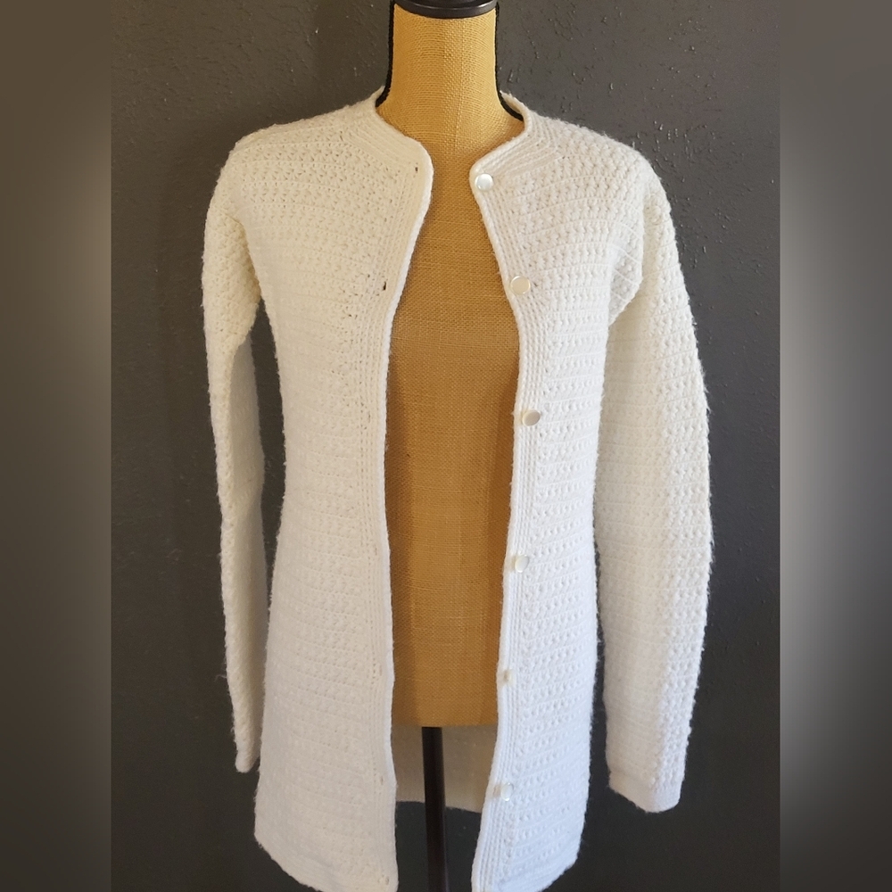 Handknit Small White Wool Cardigan Vintage Late 60s